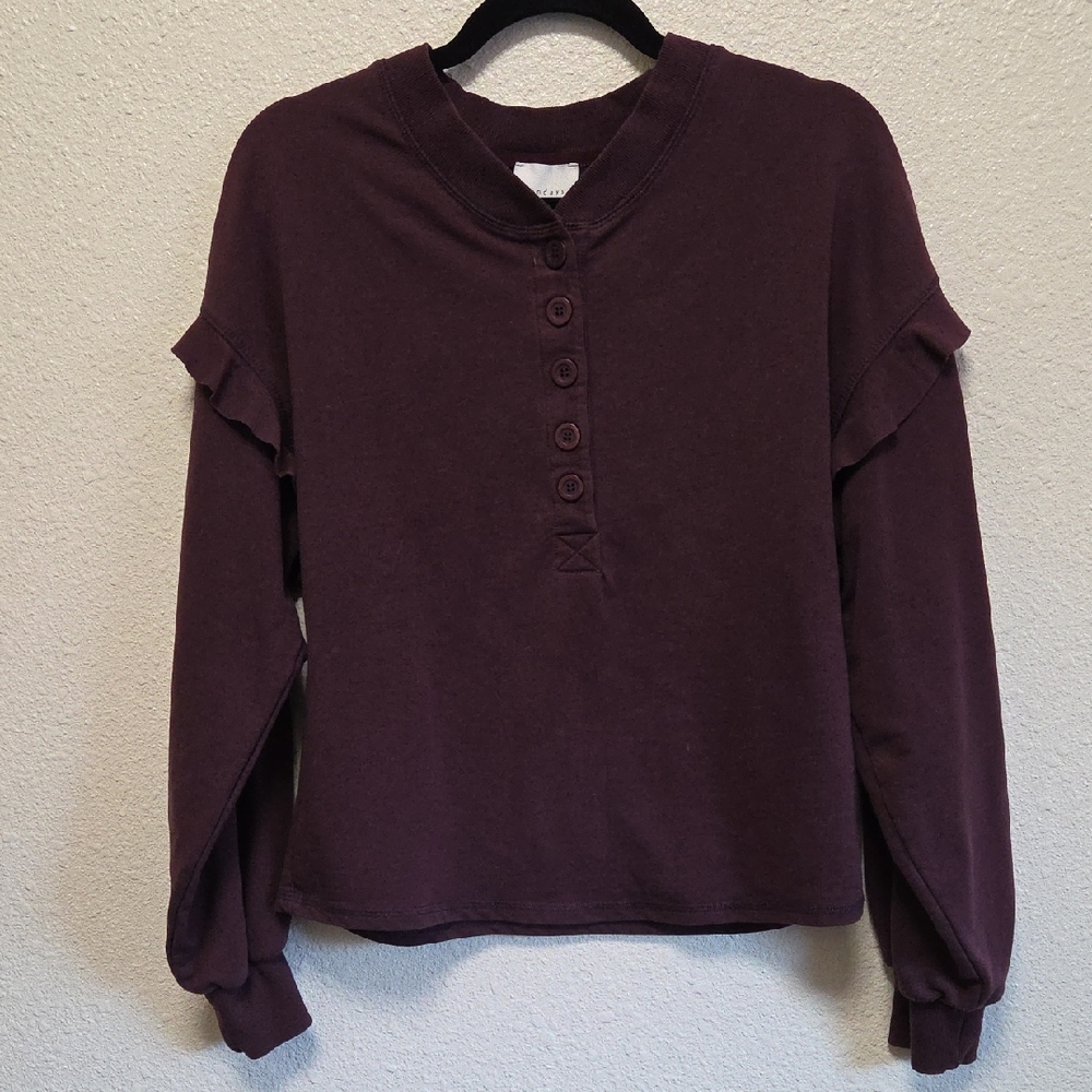 Anthropologie Sunday Ruffle Sleeve Henley Maroon Sweatshirt